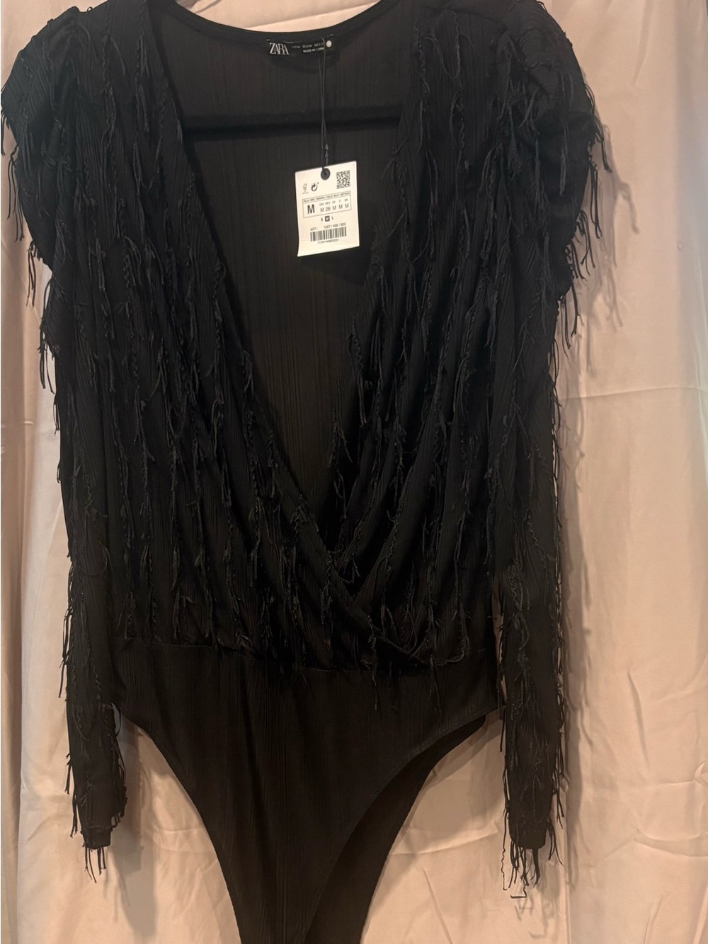 Zara Black Fringe V-Neck Long Sleeve Bodysuit - M